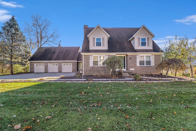 cape cod house featuring a garage, driveway, brick siding, and a chimney