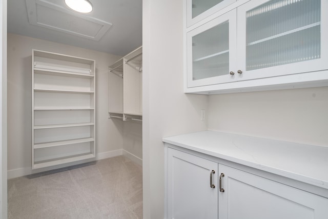 spacious closet featuring light carpet