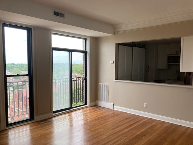 unfurnished room with ornamental molding, light wood-type flooring, and a healthy amount of sunlight