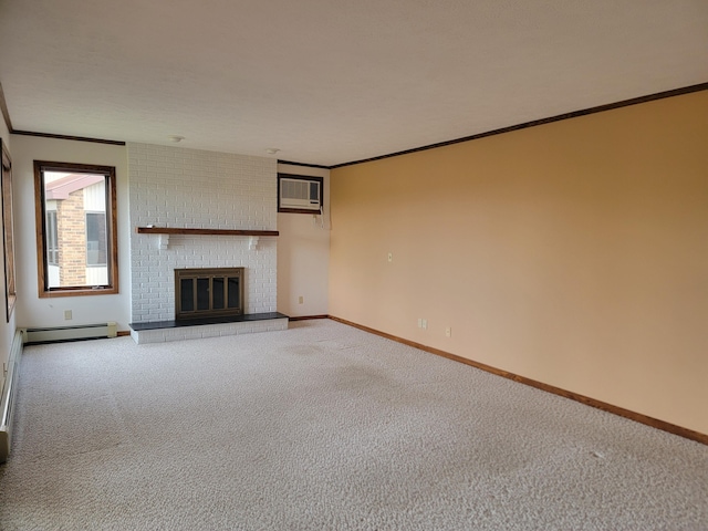 unfurnished living room with carpet floors, a brick fireplace, and ornamental molding