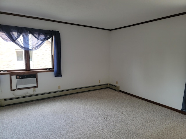 empty room featuring carpet flooring, a wall mounted air conditioner, baseboard heating, and crown molding