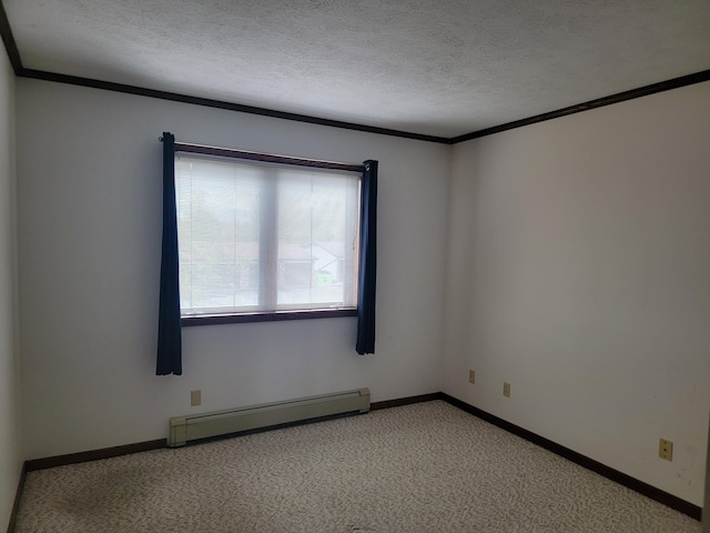 carpeted empty room featuring crown molding, a baseboard radiator, and a textured ceiling