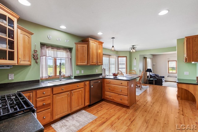 kitchen featuring dishwasher, light hardwood / wood-style flooring, a wealth of natural light, and sink