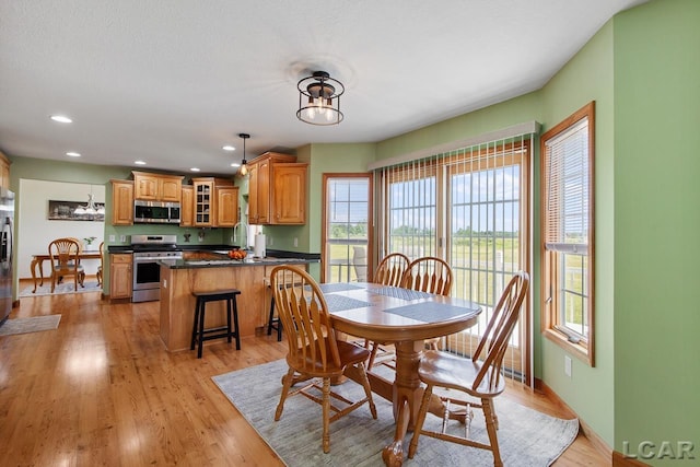 dining area with light hardwood / wood-style flooring and a healthy amount of sunlight