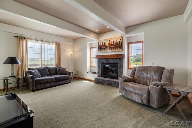 carpeted living room featuring beam ceiling, a wealth of natural light, and a fireplace