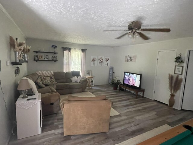1875 Fire Rd, Twining, MI 48766 - living room with a textured ceiling, dark hardwood / wood-style floors, and ceiling fan