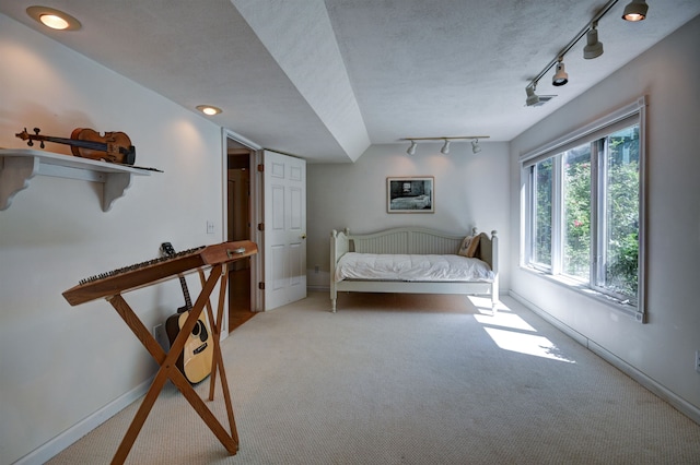 carpeted bedroom with a textured ceiling and rail lighting