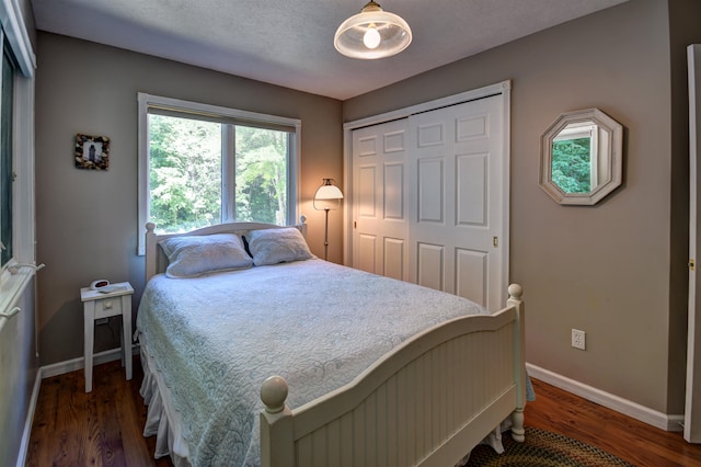 bedroom with dark hardwood / wood-style floors and a closet