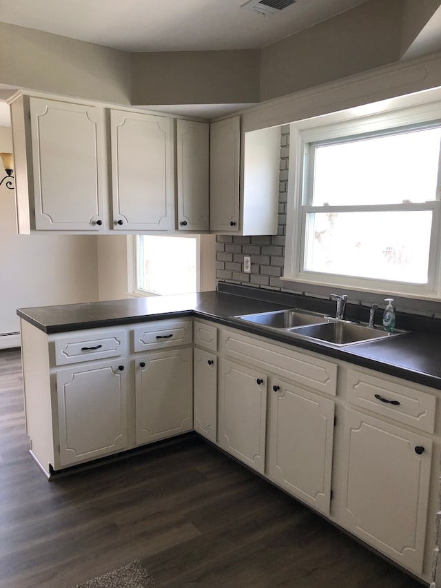 5510 Berkley Dr, Waterford, MI 48327 - kitchen with a sink, dark countertops, plenty of natural light, and white cabinetry
