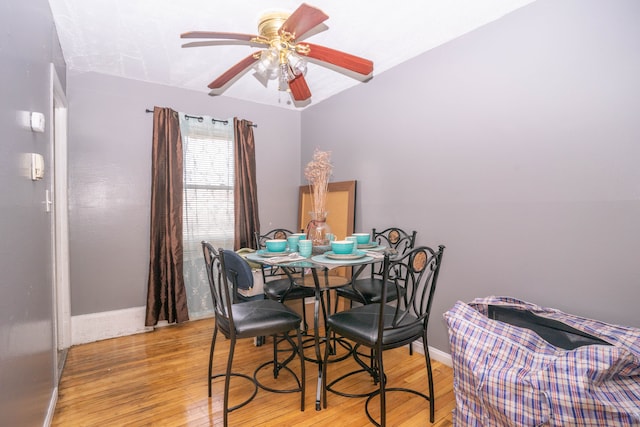 dining room with ceiling fan and light hardwood / wood-style flooring