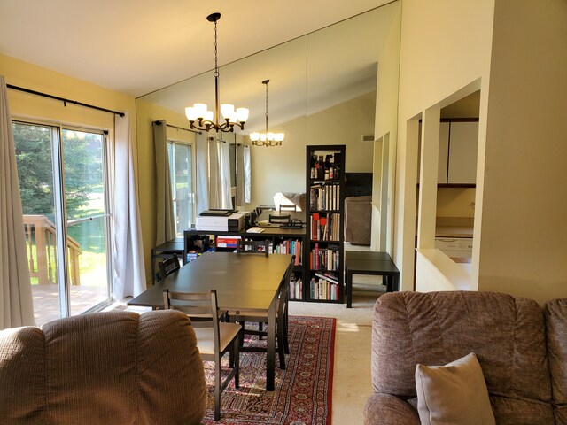 2233 Maplehurst Dr, Walled Lake, MI 48390 - carpeted dining space featuring a chandelier and lofted ceiling