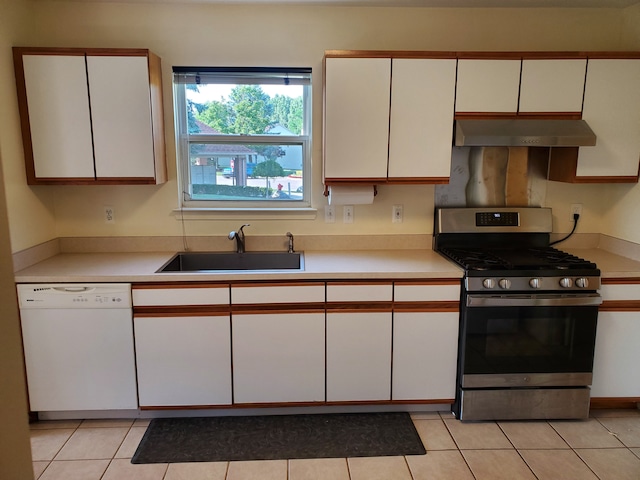 kitchen featuring ventilation hood, sink, dishwasher, stainless steel gas stove, and white cabinetry