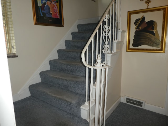 stairway featuring carpet