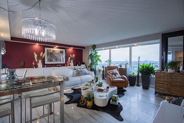 living room featuring a chandelier