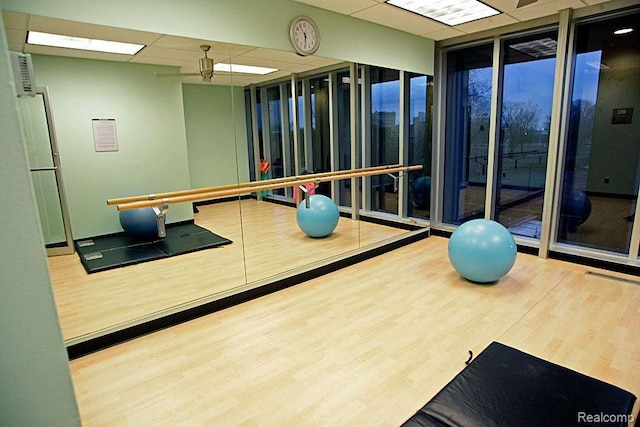 workout area featuring hardwood / wood-style flooring and ceiling fan