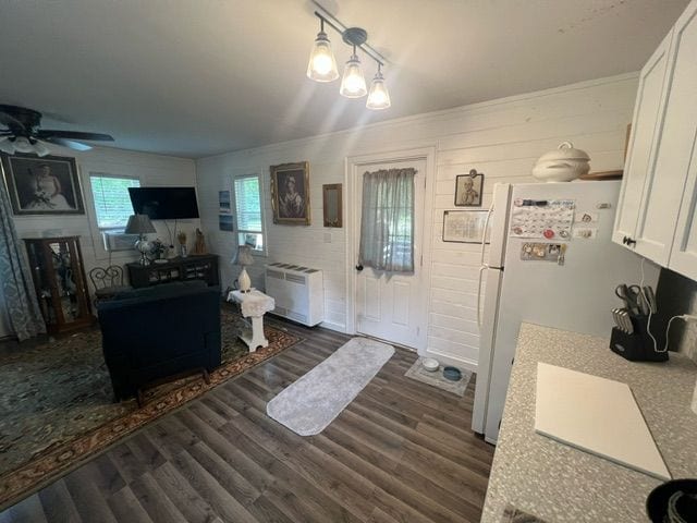 living room with ceiling fan and dark wood-type flooring