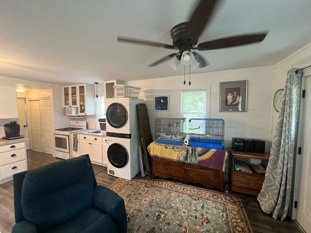 7153 Cedar Rd, Lexington, MI 48450 - bedroom with a sink, ceiling fan, stacked washer and clothes dryer, and dark wood-style floors
