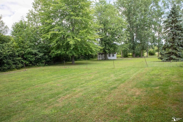 view of yard featuring a storage unit