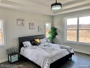 bedroom with a tray ceiling and dark hardwood / wood-style flooring