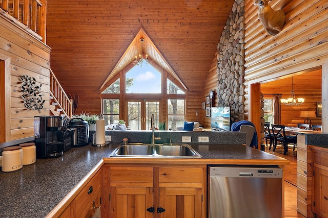 kitchen featuring wooden ceiling, sink, stainless steel dishwasher, light hardwood / wood-style floors, and a chandelier