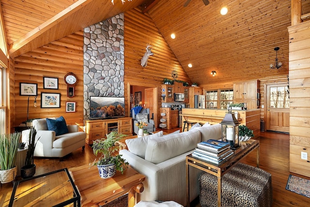 living room featuring dark wood-type flooring, wine cooler, beamed ceiling, high vaulted ceiling, and wood ceiling