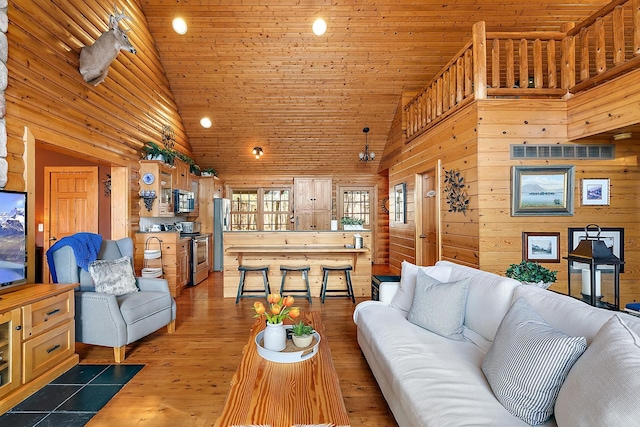 living room with hardwood / wood-style flooring, wood walls, wood ceiling, and high vaulted ceiling