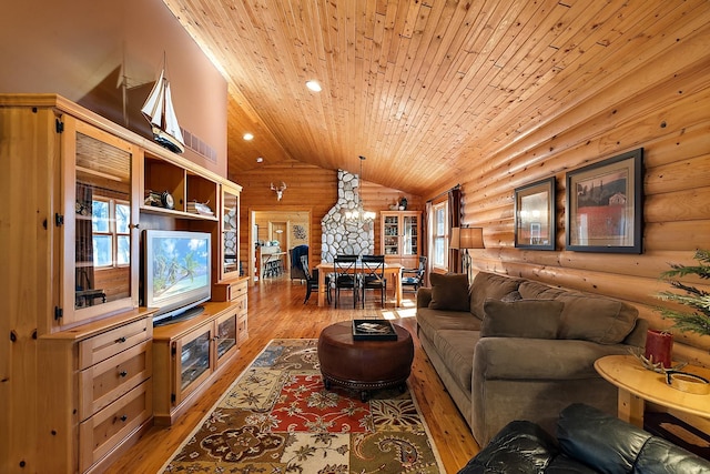 living room with log walls, wooden ceiling, an inviting chandelier, high vaulted ceiling, and hardwood / wood-style floors