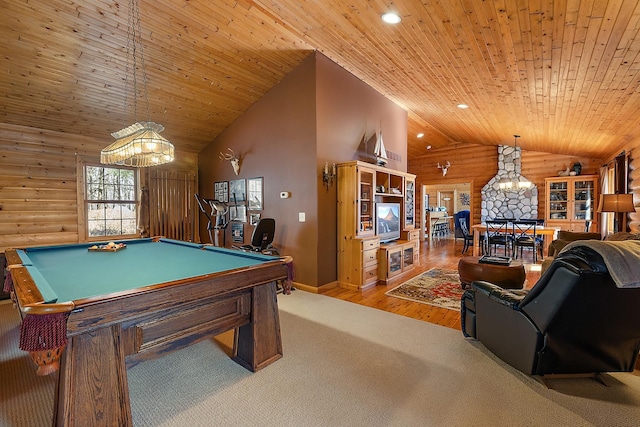 game room with high vaulted ceiling, light hardwood / wood-style floors, wood ceiling, and billiards