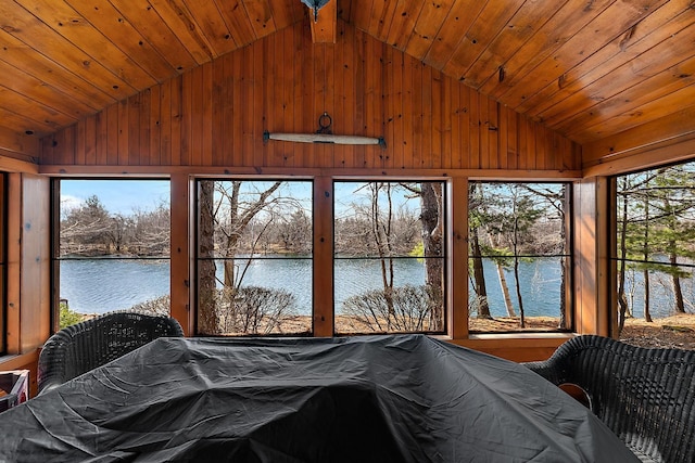 bedroom featuring multiple windows, a water view, wooden ceiling, and high vaulted ceiling