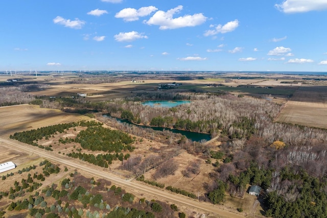 bird's eye view featuring a rural view and a water view