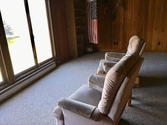 interior space with wooden walls and a baseboard heating unit