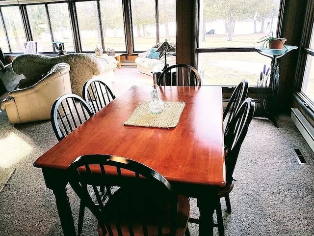 carpeted dining space featuring baseboard heating and a healthy amount of sunlight