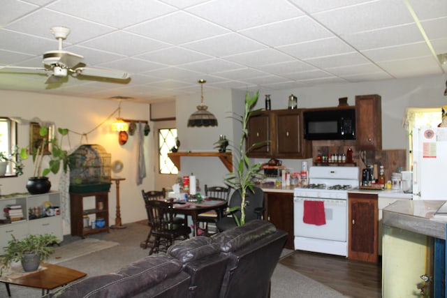 2802 Coulter Creek Trl, Central Lake, MI 49622 - kitchen with white appliances, dark hardwood / wood-style floors, a drop ceiling, and ceiling fan