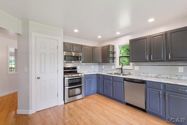 kitchen with blue cabinetry, sink, decorative backsplash, appliances with stainless steel finishes, and light wood-type flooring