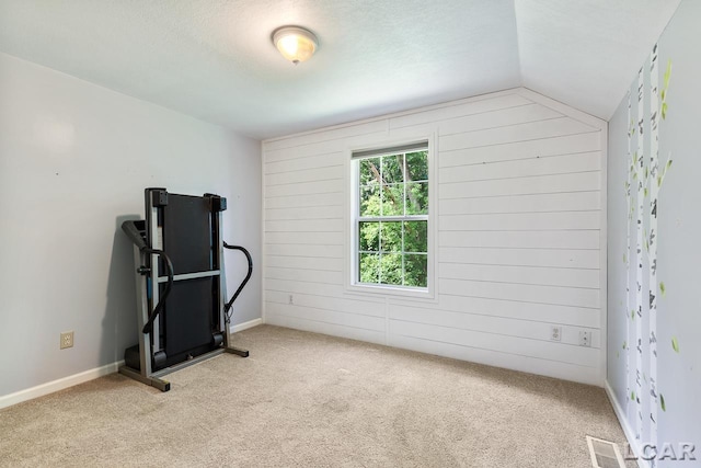 exercise area featuring a textured ceiling, light colored carpet, and vaulted ceiling