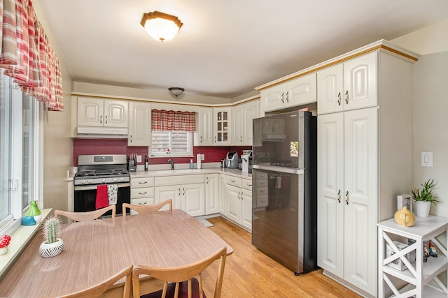 kitchen featuring white cabinets, light wood-type flooring, and appliances with stainless steel finishes