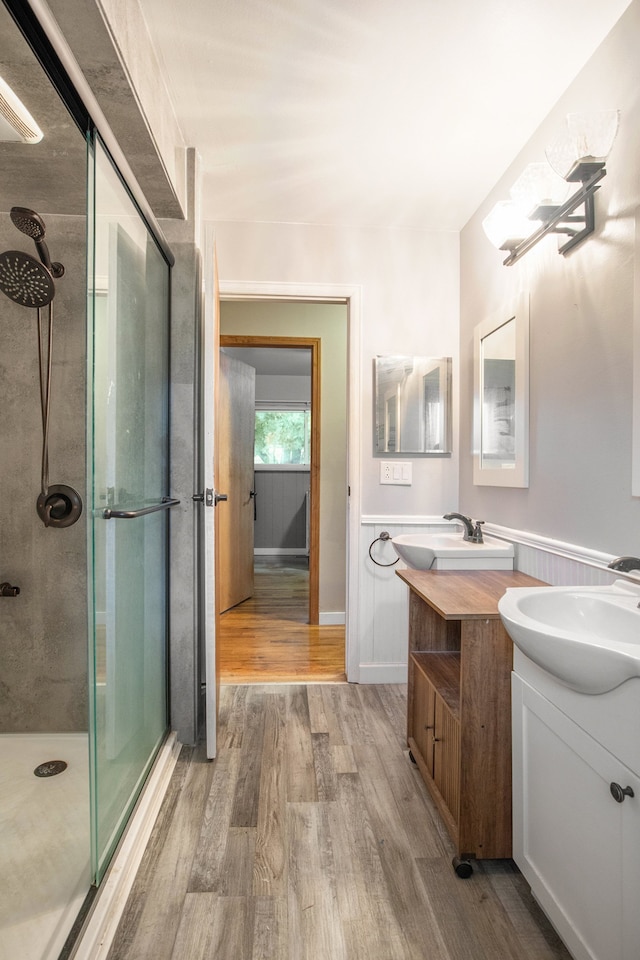 bathroom with vanity, wood-type flooring, and walk in shower