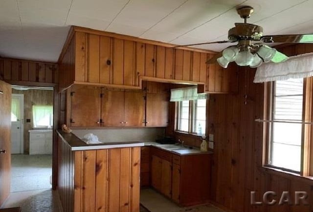 kitchen featuring ceiling fan, wooden walls, and sink