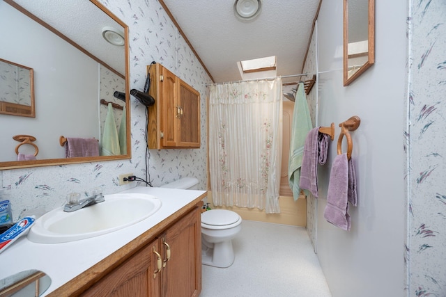 full bathroom with vanity, shower / bath combo, crown molding, toilet, and a textured ceiling