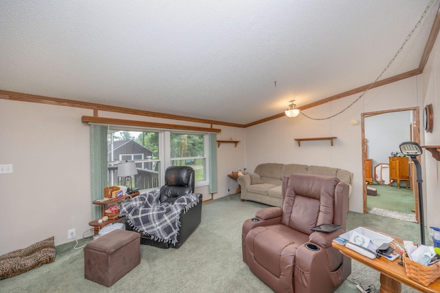 living room featuring carpet, a textured ceiling, and ornamental molding