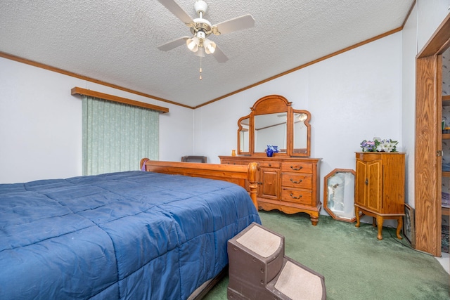 bedroom featuring ceiling fan, dark colored carpet, vaulted ceiling, a textured ceiling, and ornamental molding