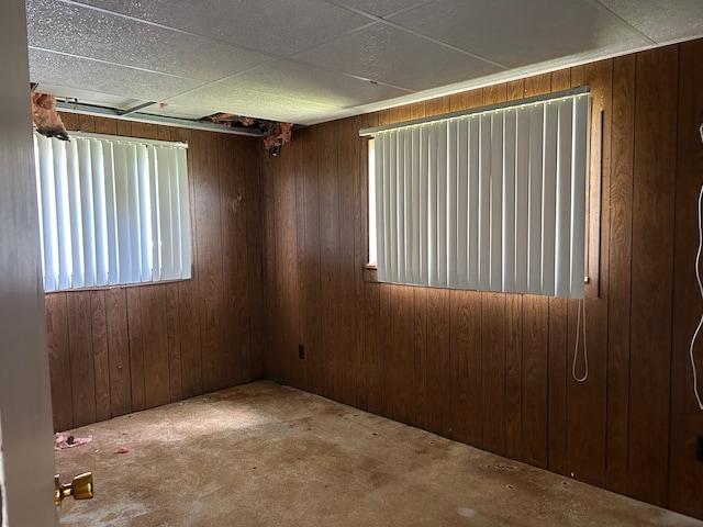 empty room featuring wood walls and carpet floors