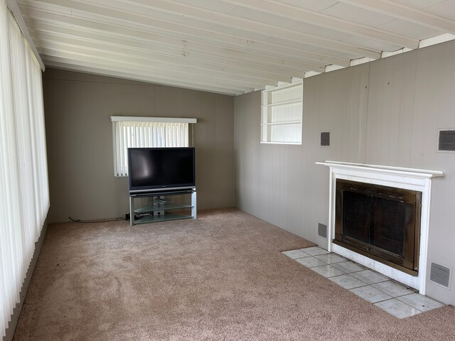5149 Latimer St, West Bloomfield, MI 48324 - unfurnished living room with carpet floors, a fireplace with flush hearth, and beam ceiling
