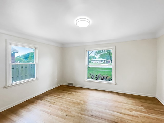 unfurnished room with a healthy amount of sunlight and light hardwood / wood-style floors