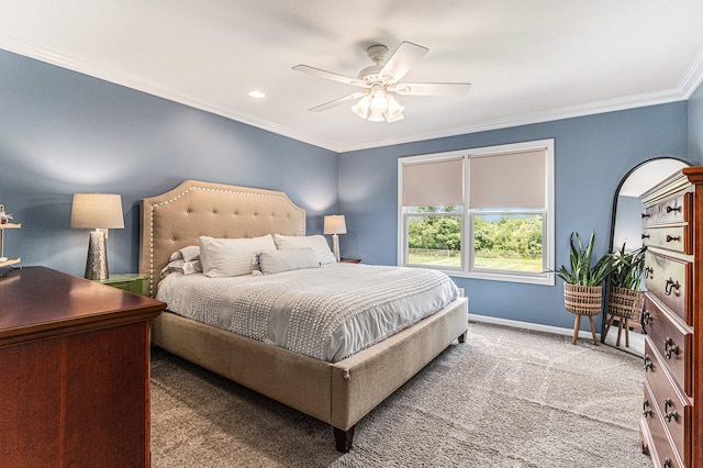 bedroom with carpet flooring, ceiling fan, and ornamental molding