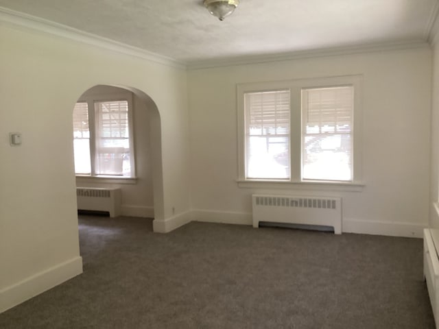 carpeted empty room with a wealth of natural light, radiator, and ornamental molding