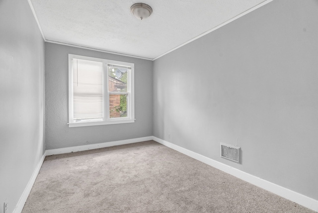 carpeted empty room featuring ornamental molding and a textured ceiling