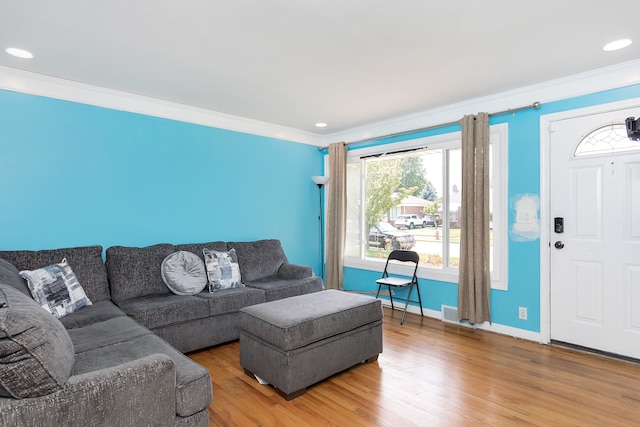 living room featuring wood-type flooring and crown molding