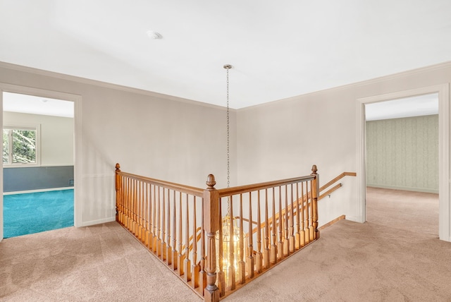 hallway featuring ornamental molding and carpet floors