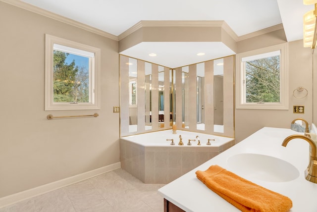 bathroom featuring vanity, a relaxing tiled tub, and ornamental molding